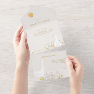 Invitación Todo En Uno Watercolor Goose Duck Wildflower Baby Shower