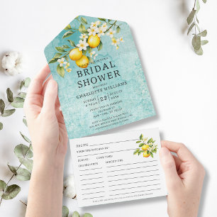Invitación Todo En Uno Watercolor Lemon Bridal Ducha Con Receta