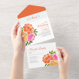 Invitación Todo En Uno Watercolor Naranja rosa caliente Boda de Boho flor