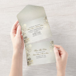 Invitación Todo En Uno Watercolor Oro Eucalipto Boda de follaje brillante