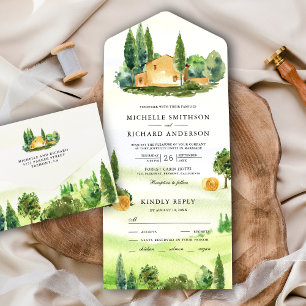 Invitación Todo En Uno Watercolor Paisaje de la Toscana Boda de la granja