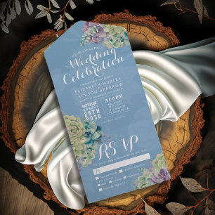 Invitación Todo En Uno Watercolor Suculento Plant Light Wedding Blue Wedd