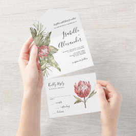Invitación Todo En Uno Watercolor Tropical Protea Wedding 