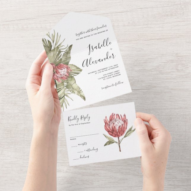 Invitación Todo En Uno Watercolor Tropical Protea Wedding  (desgarro)