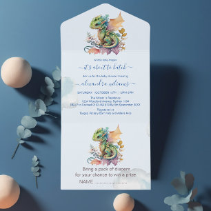 Invitación Todo En Uno Whimsical Blue Verde azulada Dragon Baby Shower
