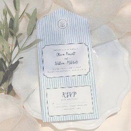 Invitación Todo En Uno Whimsical Retro Blue Stripes Wedding