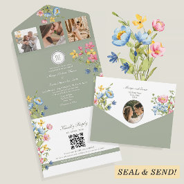 Invitación Todo En Uno Whimsical Sage Green Wildflower Boda