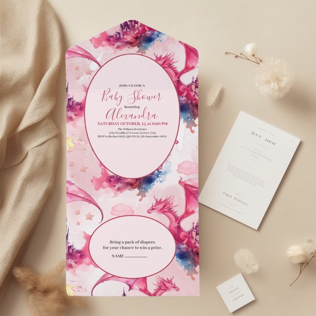 Invitación Todo En Uno Whimsical Watercolor Pink Dragon Baby Shower (Subido por el creador)