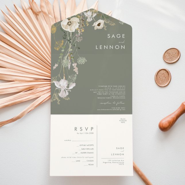 Invitación Todo En Uno Whimsical Wildflower Sage Meadow Seque y enviar (Subido por el creador)
