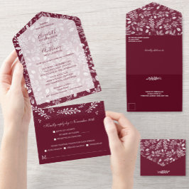 Invitación Todo En Uno White Botanicals Burgundy No Envelopes Wedding