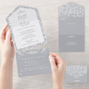 Invitación Todo En Uno White Botanicals Gray No Envelopes Wedding