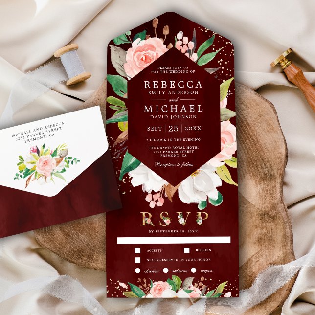 Invitación Todo En Uno White Magnolia Blush Pink Floral Burgundy Wedding (Subido por el creador)
