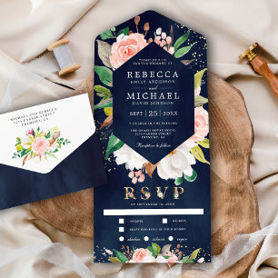 Invitación Todo En Uno White Magnolia Blush Pink Floral Navy Blue Wedding