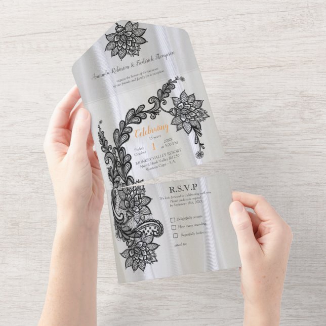 Invitación Todo En Uno White silk with Black lace  (desgarro)