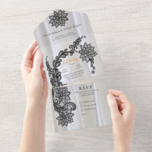 Invitación Todo En Uno White silk with Black lace 