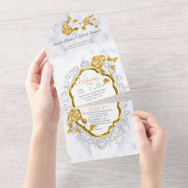 Invitación Todo En Uno White with Gold lace and Roses (desgarro)