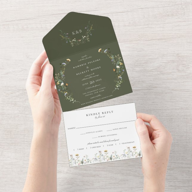 Invitación Todo En Uno Wild Meadow Floral Boda Olive Green (desgarro)