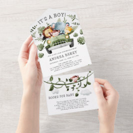Invitación Todo En Uno Wild One Safari Baby Shower Boy