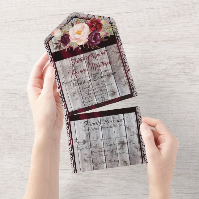 Invitación Todo En Uno Wildflowers with Burgundy Ribbon, Lace & Lights (desgarro)
