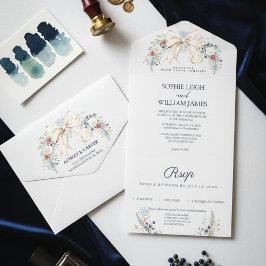 Invitación Todo En Uno Winter Cream Bow Dusty Blue Blush Floral Wedding