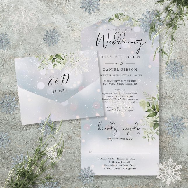 Invitación Todo En Uno Winter Snow Greenery Floral Details RSVP Boda (Winter Snow Greenery Floral Details RSVP Wedding All In One Invitation)
