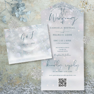 Invitación Todo En Uno Winter Wonderland Boda de Nieve con código QR