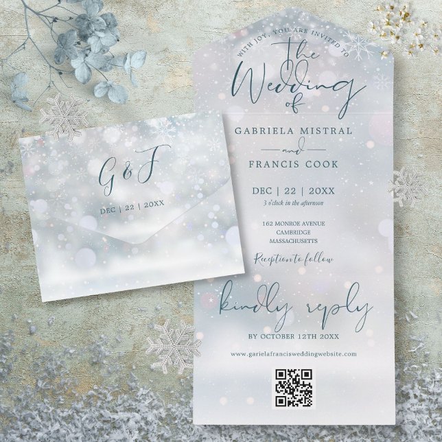Invitación Todo En Uno Winter Wonderland Boda de Nieve con código QR (Winter Wonderland QR Code Snow Wedding All In One Invitation)