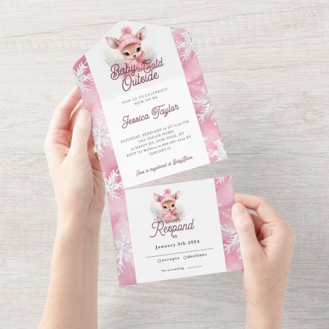 Invitación Todo En Uno Winter Wonderland Girly Deer Pink White Snowflakes (desgarro)