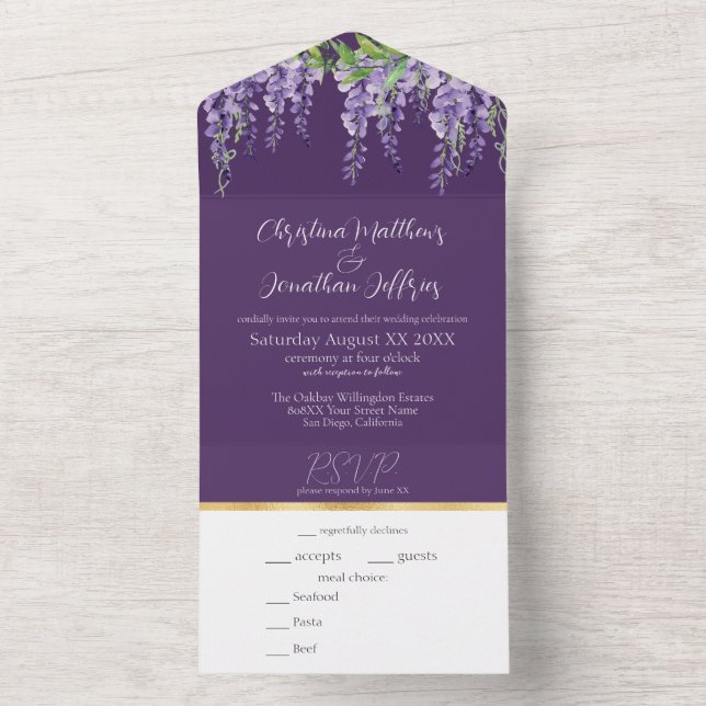 Invitación Todo En Uno Wisteria romántica en morado oscuro (Interior)
