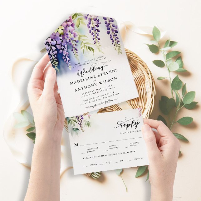 Invitación Todo En Uno Wisteria Romántica Fiesta Boda Azul Púrpura (wisteria garden party wedding invitation romantic elegant modern formal watercolor floral all in one)