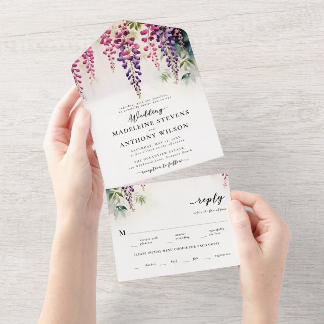 Invitación Todo En Uno Wisteria Romántica Fiesta Boda Elegante (desgarro)