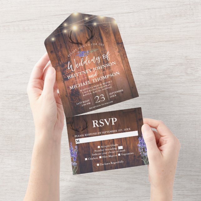 Invitación Todo En Uno Wood Antler String Lights Lavender Boda (desgarro)