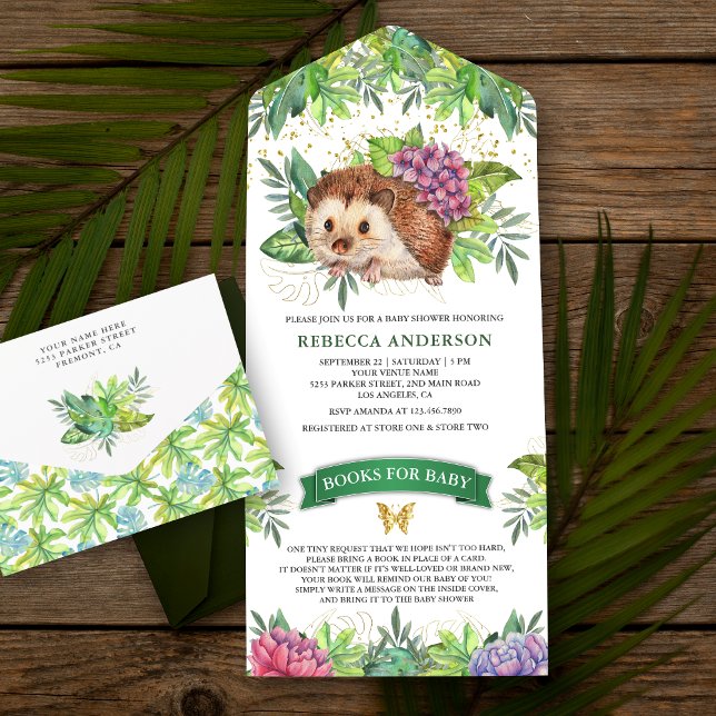 Invitación Todo En Uno Woodland Forest Cute Floral Hedgehog Baby Shower (Subido por el creador)