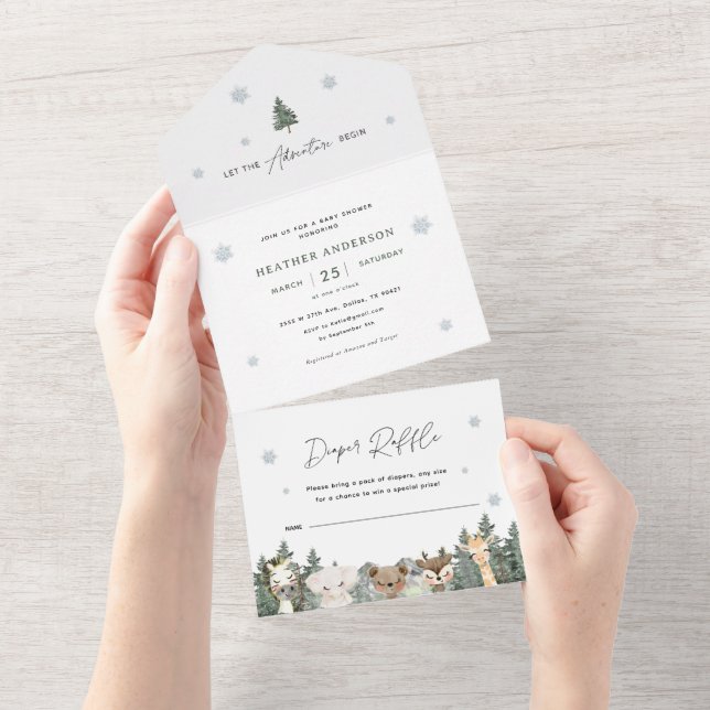 Invitación Todo En Uno Woodland Winter Baby Shower (desgarro)