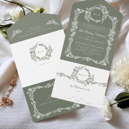 Invitación Todo En Uno Wreath Monogram Sage Green Classic Frame Boda