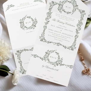 Invitación Todo En Uno Wreath Monograma Sage Green Elegante Boda de marco