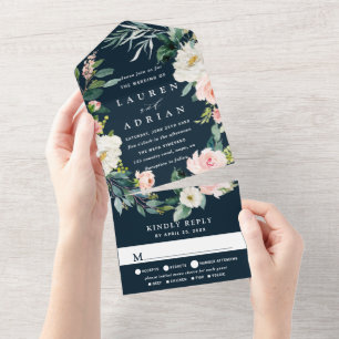 Invitación Todo En Uno Wreath Weddin de la floral de la Marina