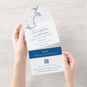 Invitación Todo En Uno York Maine Map Elegant QR código Boda de la Marina