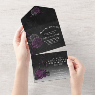 Invitación Todo En Uno Zodiac Magic   Rosas de cráneo gótico morado oscur