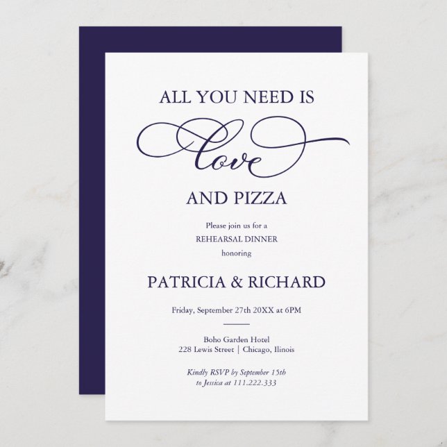 Invitación Todo Lo Que Necesitas Es Amor Y Ensayos De Pizza (Anverso / Reverso)