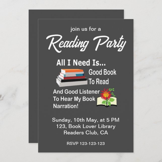 Invitación Todo lo que necesito es un buen Fiesta de lectura  (Anverso / Reverso)