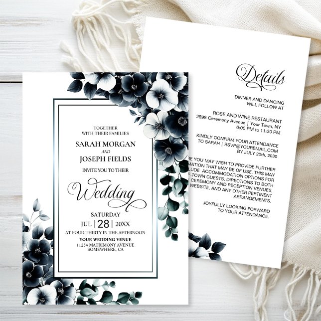 Invitación Todo moderno en un Boda floral blanco negro (Subido por el creador)