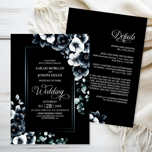 Invitación Todo moderno en un solo Boda floral blanco y negro (Subido por el creador)