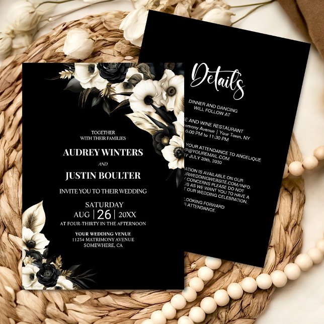 Invitación Todo moderno en un solo Boda floral blanco y negro (Subido por el creador)