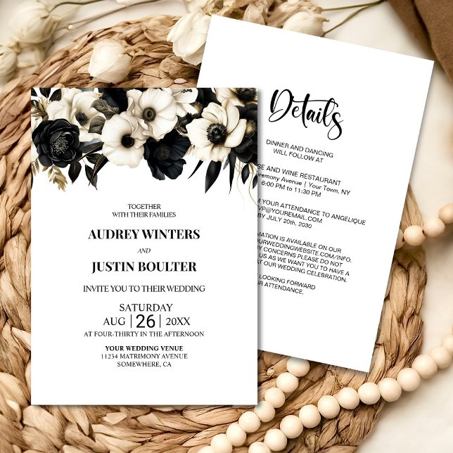 Invitación Todo moderno en un solo Boda floral blanco y negro (Subido por el creador)