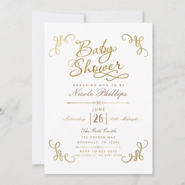 Invitación Todo oro guión de baby shower de papel de aluminio (Anverso)