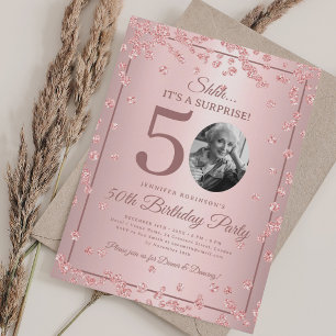 Invitación Todo Rose Gold SORPRESA Foto 50 Cumpleaños Glam 