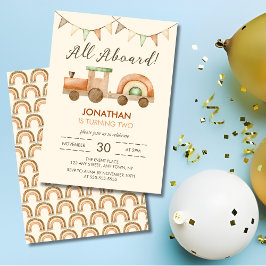 Invitación Todos a bordo Boho Wood Train Transport Kids Cumpl