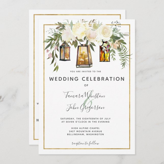 Invitación Todos En Un Blanco Peonés Linternas Rústicas De Or (Anverso / Reverso)