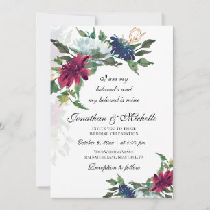 Invitación Todos en un Boda cristiano floral azul borgoñés